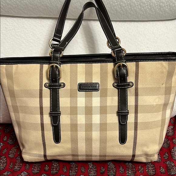 Burberry Handbags - Burberry Tan and Brown Checkered Tote with Leather Trim